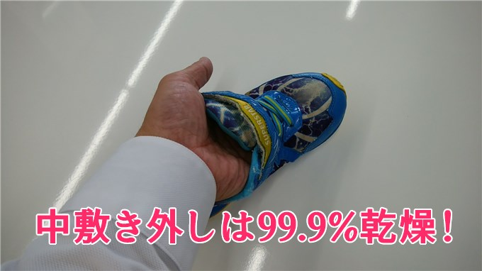 中敷きなしの緑靴は99%乾燥